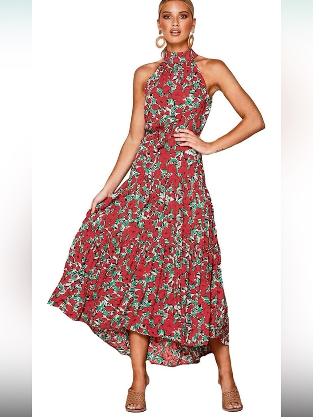 Red Floral Halter Dress